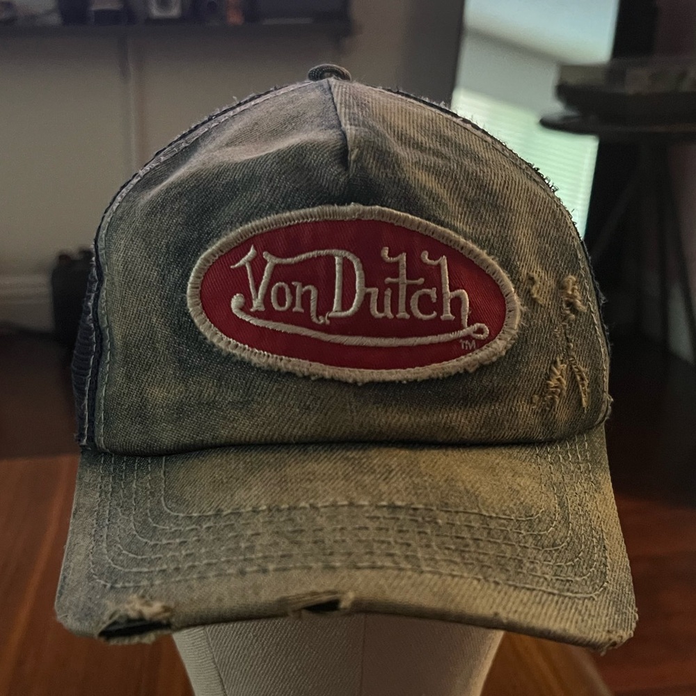 Vintage Von Dutch Trucker Hat, Denim Distressed, Red Patch, Early 2000s